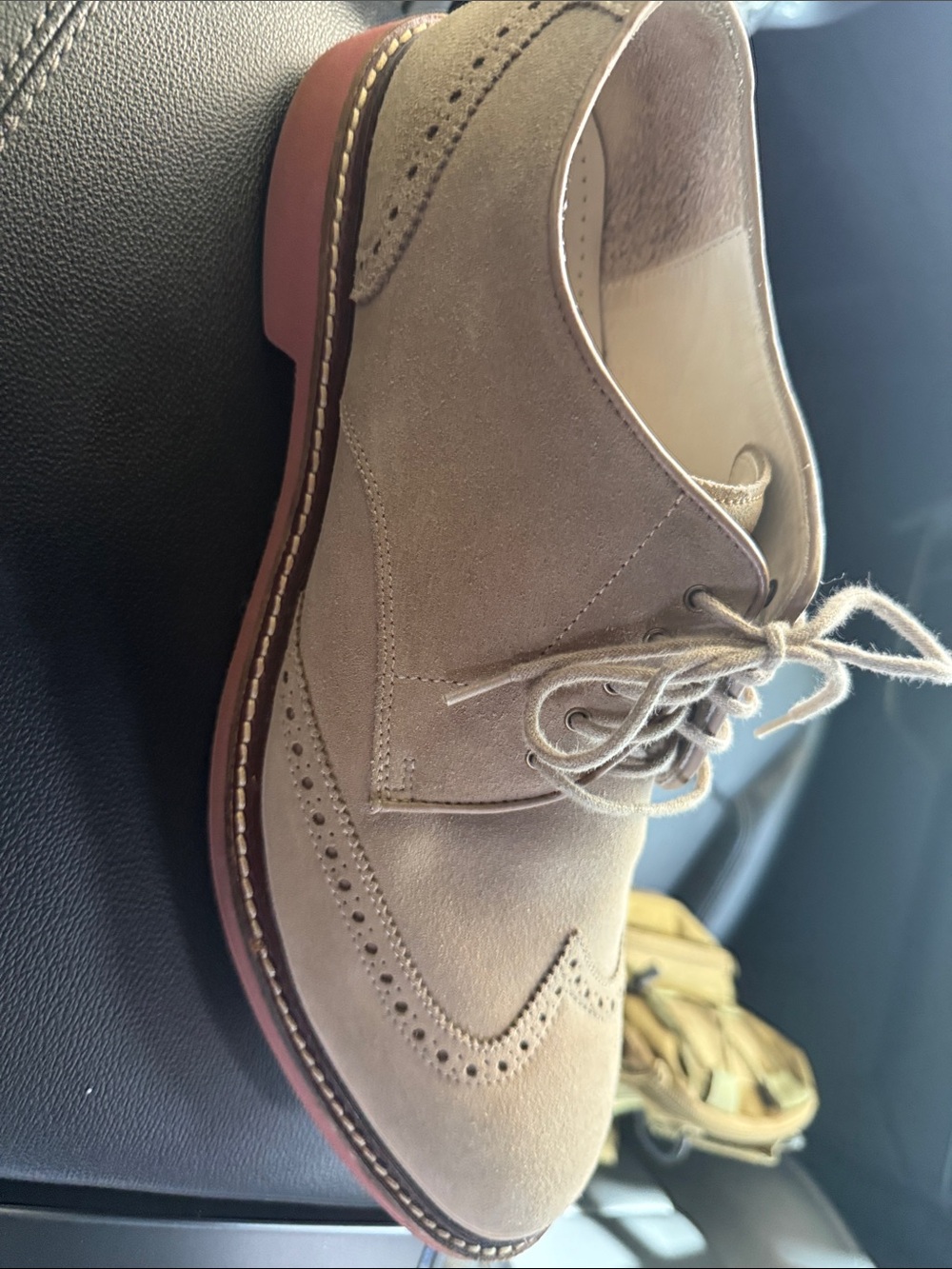 Cole Haan Taupe Suede Wingtip Derby with Reddish-Brown Sole